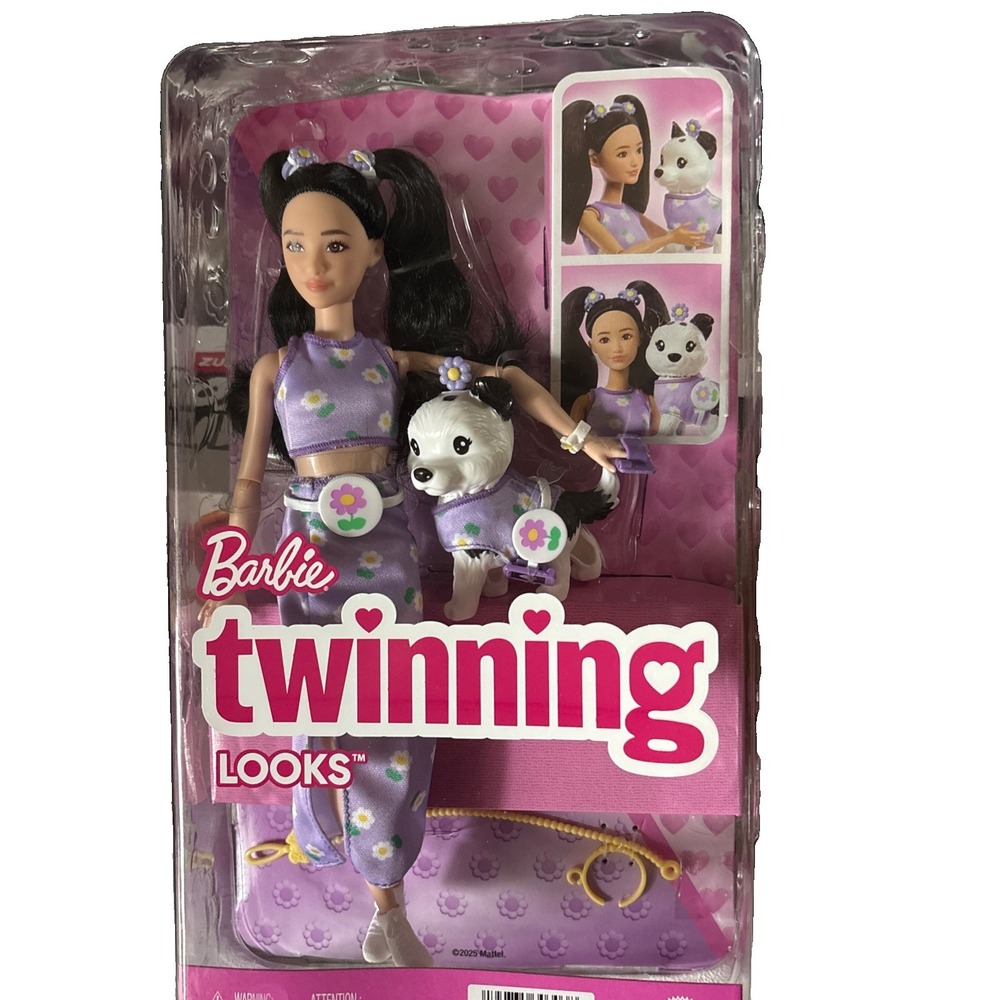 Barbie Twinning Looks Asian Doll  & Pet Dog   With Matching Purple Outfits